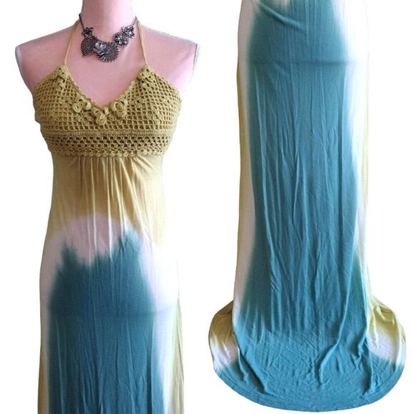 Y2K Yellow Green Tie Dye Viscose Embroidered Halter Maxi Dress Medium - Picture 6 of 16